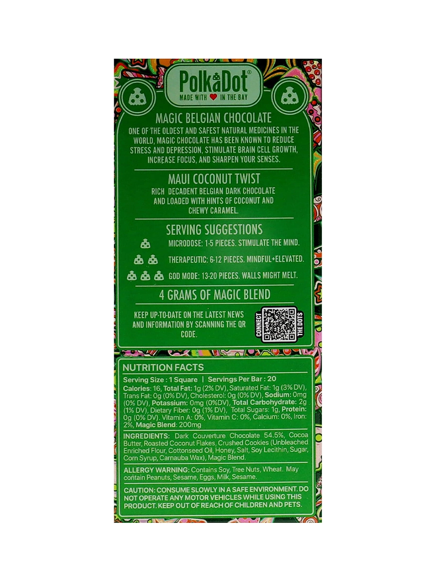 Maui Coconut Twist PolkaDot Magic Mushroom Belgian Dark Chocolate 200mg Magic Per Piece - Image 2